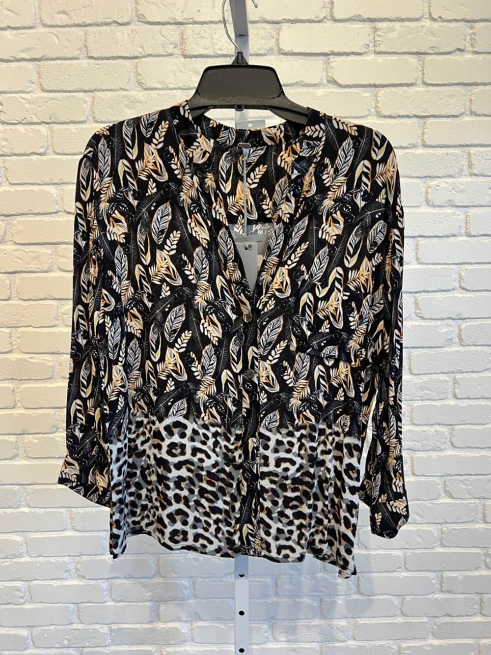 Printed Button-Front Blouse in Black with Cream & Tan Accents